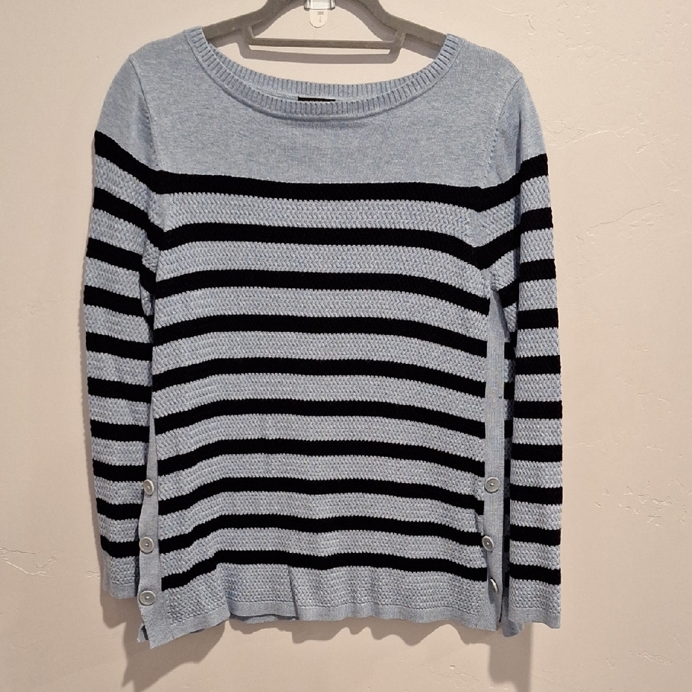 Talbots Light Blue and Black Striped Sweater W/ Side Buttons At Bottom